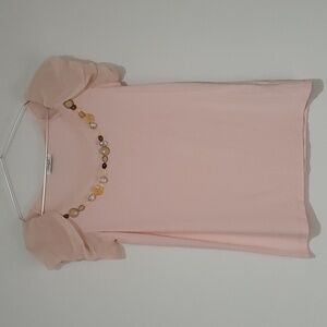 LuckyLu Pink Beaded Neckline Puff Sleeve Blouse Soft Tee Top Size Small